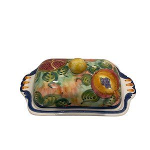 Handmade Handpainted Colorful Fruit Motif Large Butter Dish Lid Signed Greece